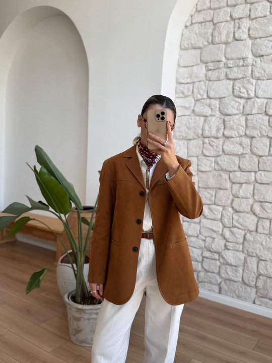 Camel Süet Blazer Ceket