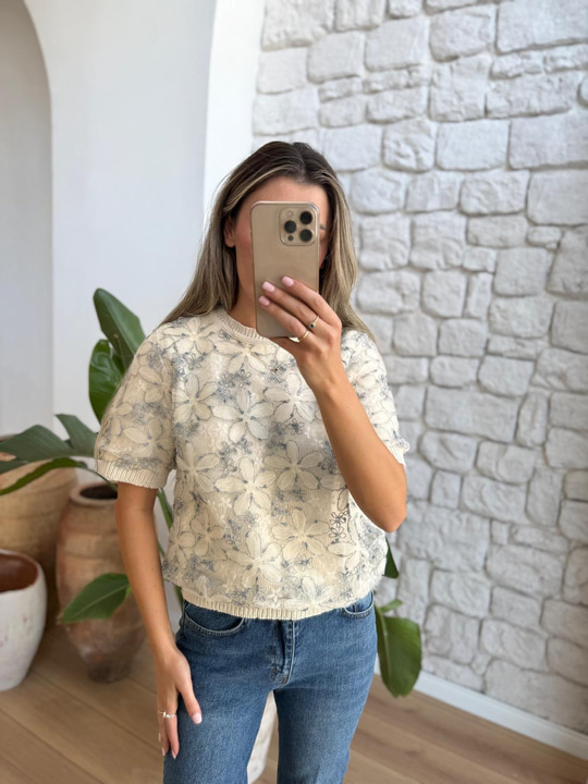 Çiçek Aplikeli Mavi Nakışlı Triko Bluz