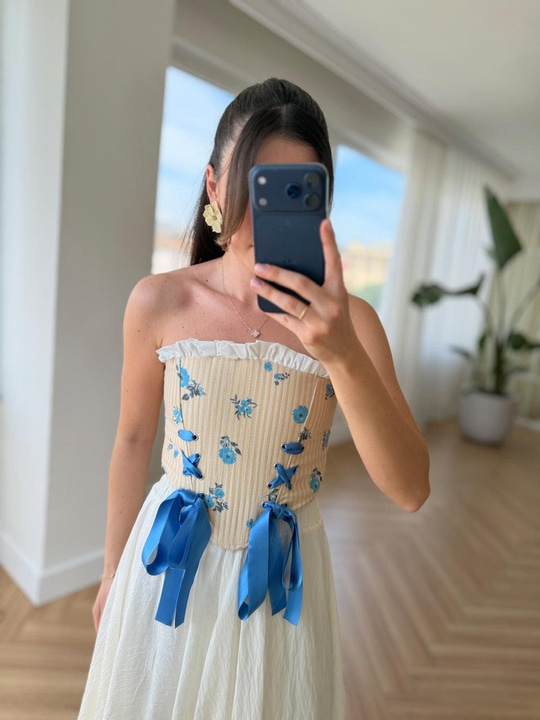 Çiçek Desen Mavi Vintage Korse