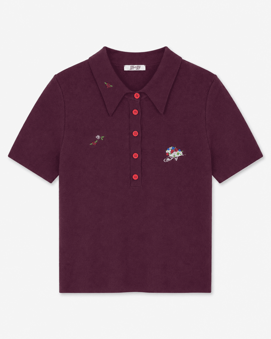 Çiçek Nakışlı Polo Yaka Mürdüm Triko