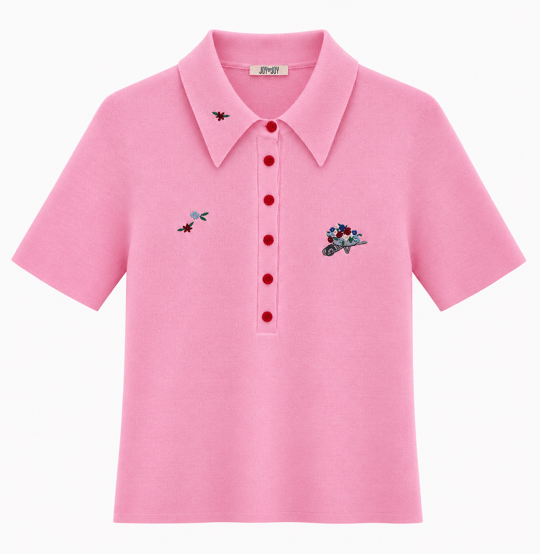 Çiçek Nakışlı Polo Yaka Pembe Triko