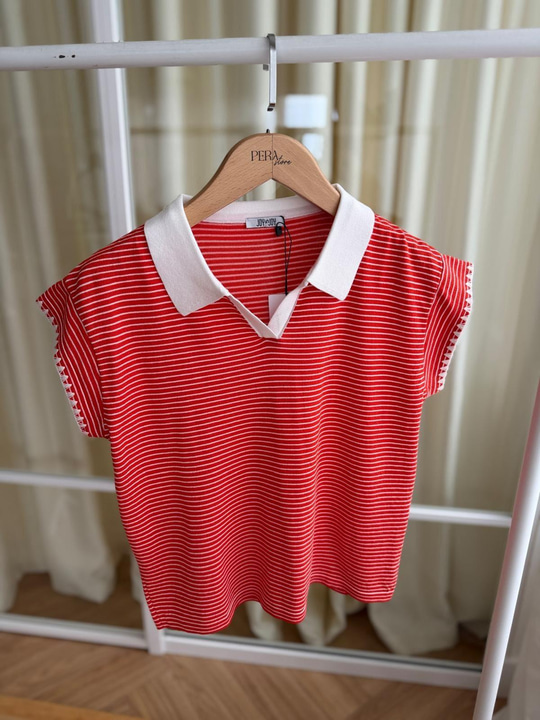 Çizgili  Polo Yaka Turuncu Triko