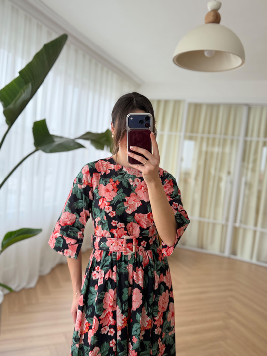Cream Floral Desen Kemerli Poplin Elbise