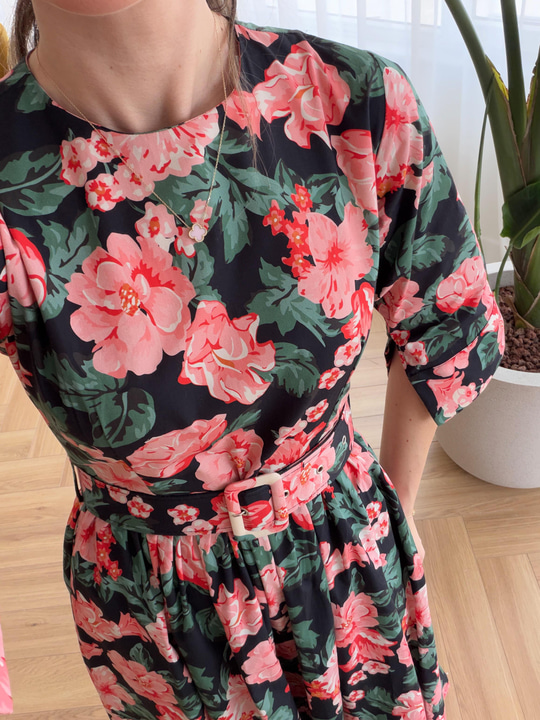 Cream Floral Desen Kemerli Poplin Elbise