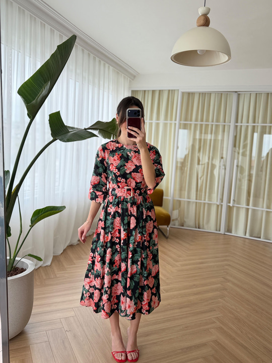 Cream Floral Desen Kemerli Poplin Elbise