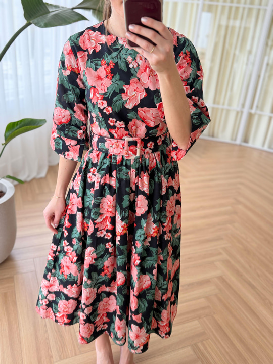 Cream Floral Desen Kemerli Poplin Elbise