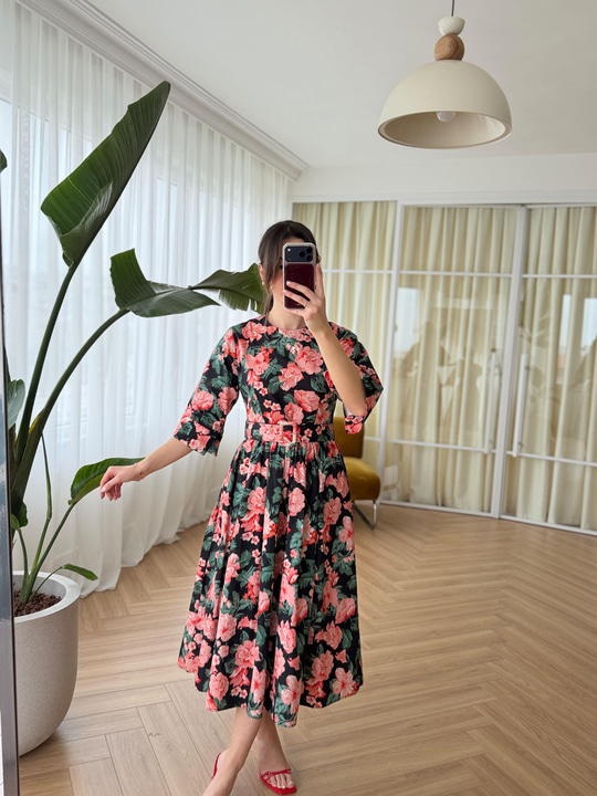 Cream Floral Desen Kemerli Poplin Elbise