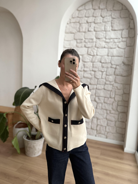 Denim Garnili Ekru Çelik Triko Hırka