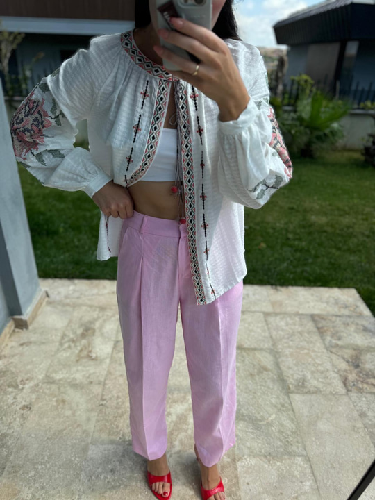 DERİ ÖRGÜ KEMERLİ PEMBE KETEN PANTOLON