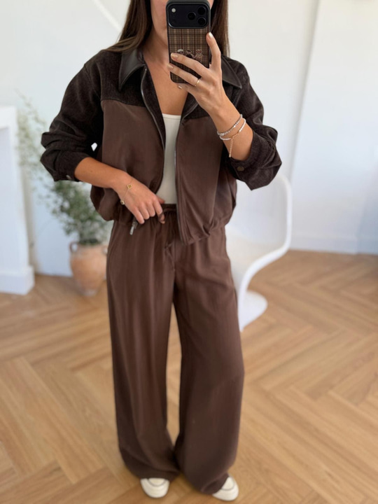 Deri Yaka Kahverengi Bomber Ceket - Pantolon Takım