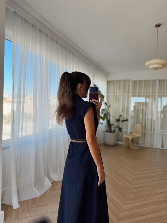 Dikiş Detaylı Denim Elbise 