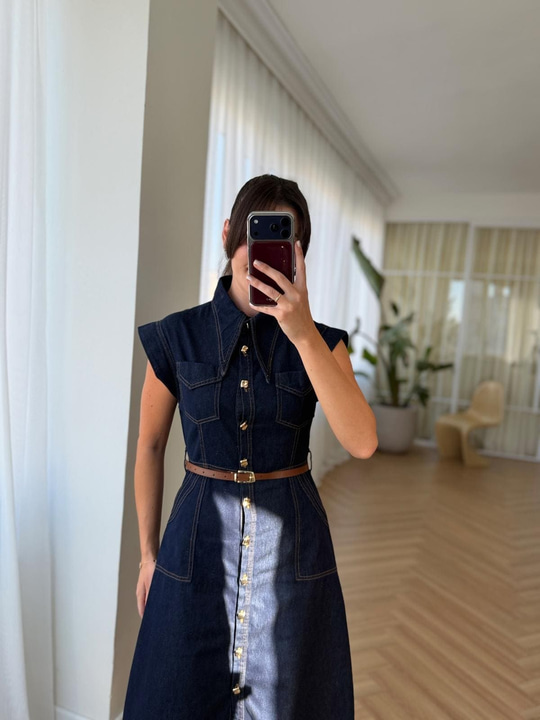 Dikiş Detaylı Denim Elbise 