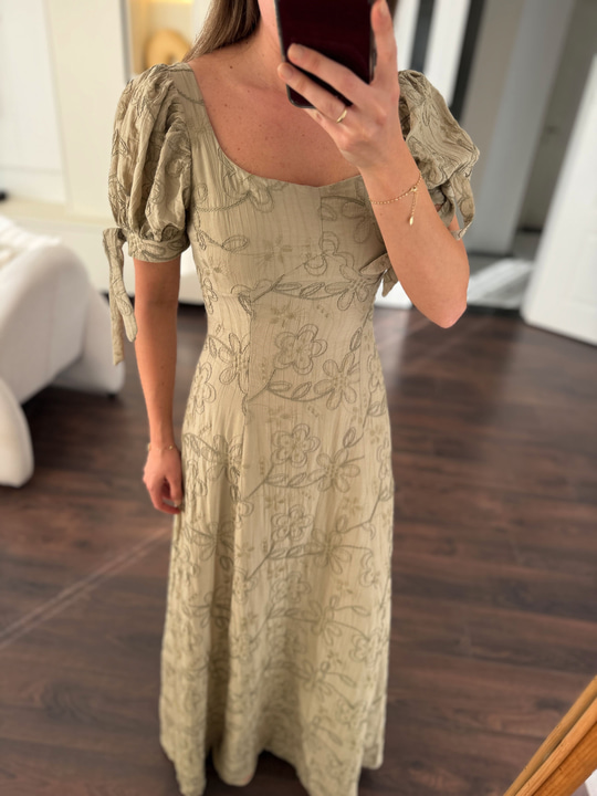 Diva Çiçek Nakışlı Haki Balon Kol Elbise