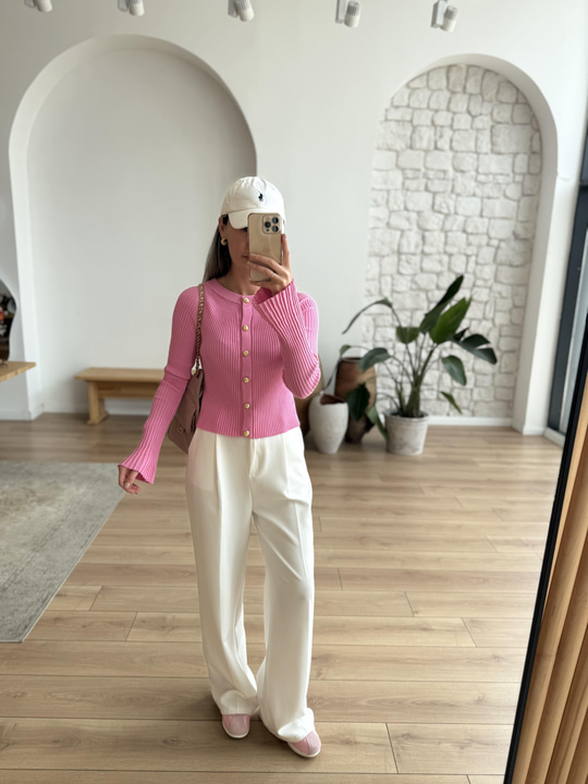 Düğme Detaylı İspanyol Kol Pembe Triko
