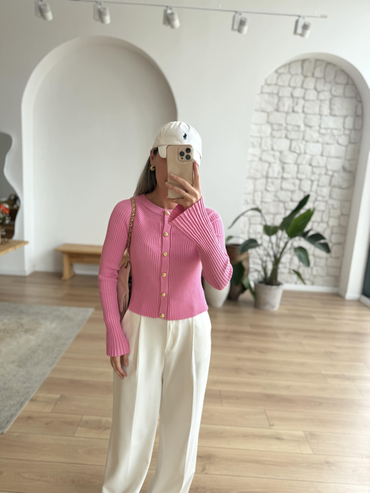 Düğme Detaylı İspanyol Kol Pembe Triko