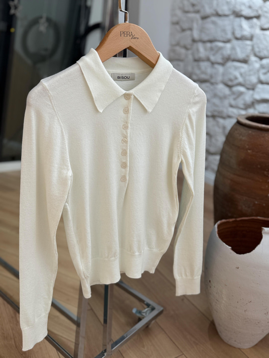 Düğmeli Polo Yaka Ekru Triko