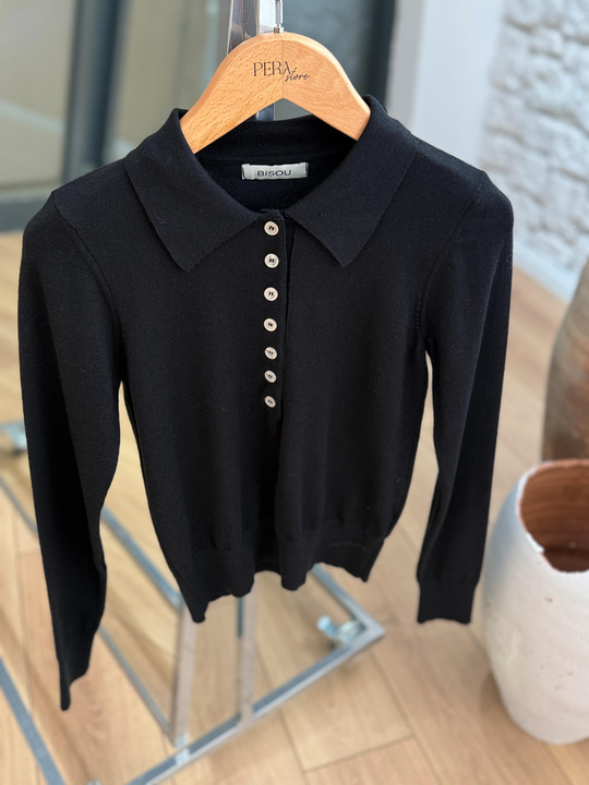 Düğmeli Polo Yaka Siyah Triko