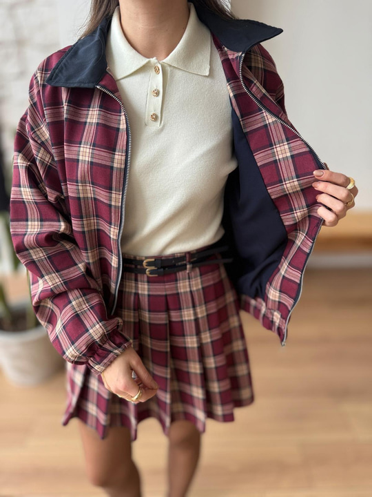 Ekose Desen Bordo Bomber Ceket