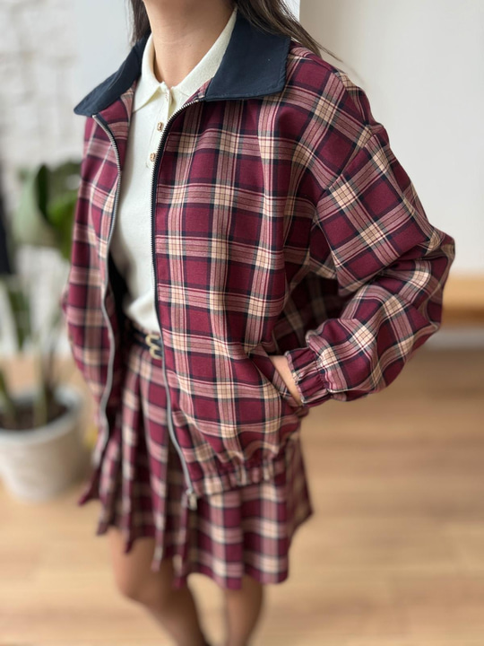 Ekose Desen Bordo Bomber Ceket