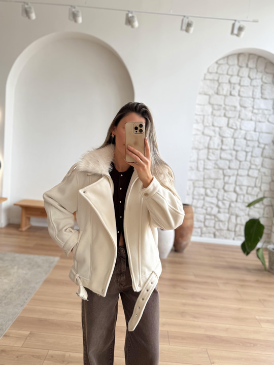 Ekru Kaşe Biker Mont