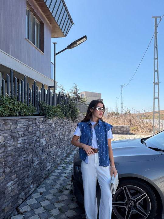 Ekru Puantiyeli Denim Yelek