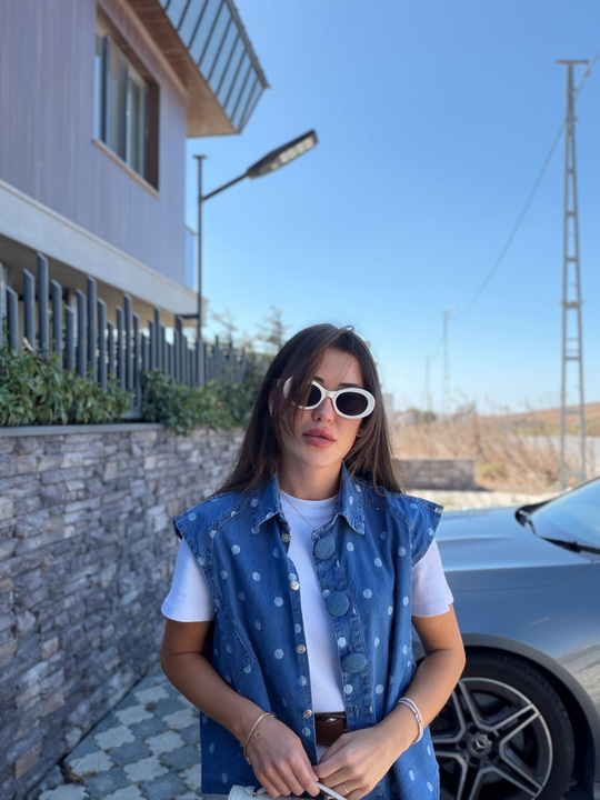 Ekru Puantiyeli Denim Yelek