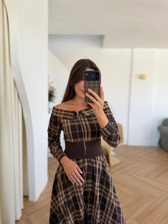 Fermuarlı Ekose Desen Kahve Elbise