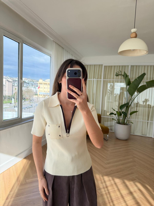 Fermuarlı Polo Yaka Krem Triko