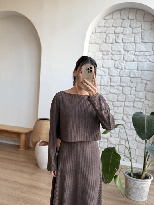 Kahverengi Fitilli Örme Bluz Elbise Takım