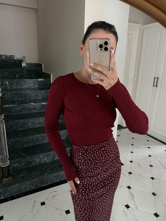 Fitilli Parıltılı Bordo Triko