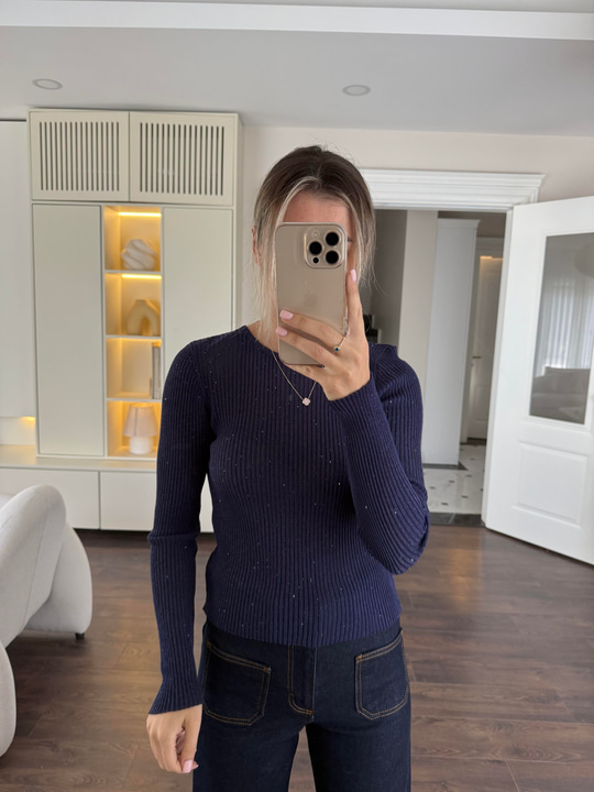Fitilli Parıltılı Lacivert Triko