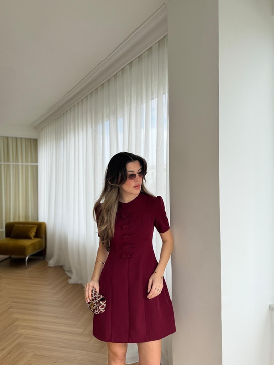 Fiyonk Detaylı Bordo Elbise