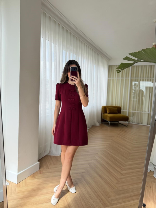 Fiyonk Detaylı Bordo Elbise