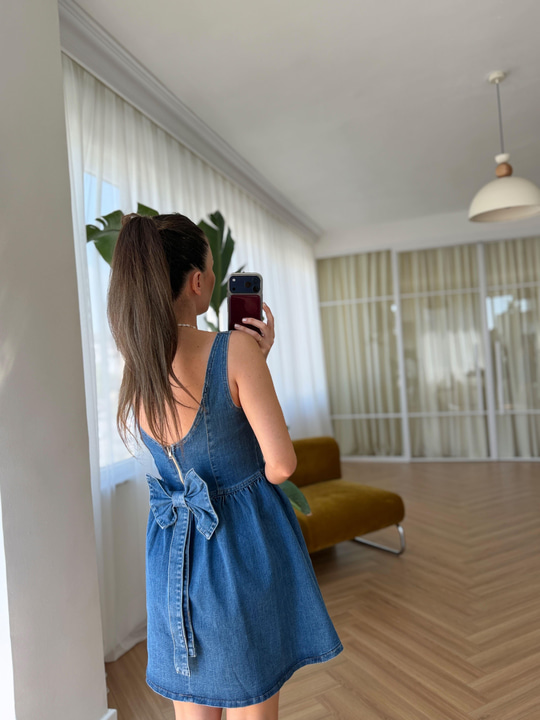 Fiyonk Detaylı Mavi Denim Elbise