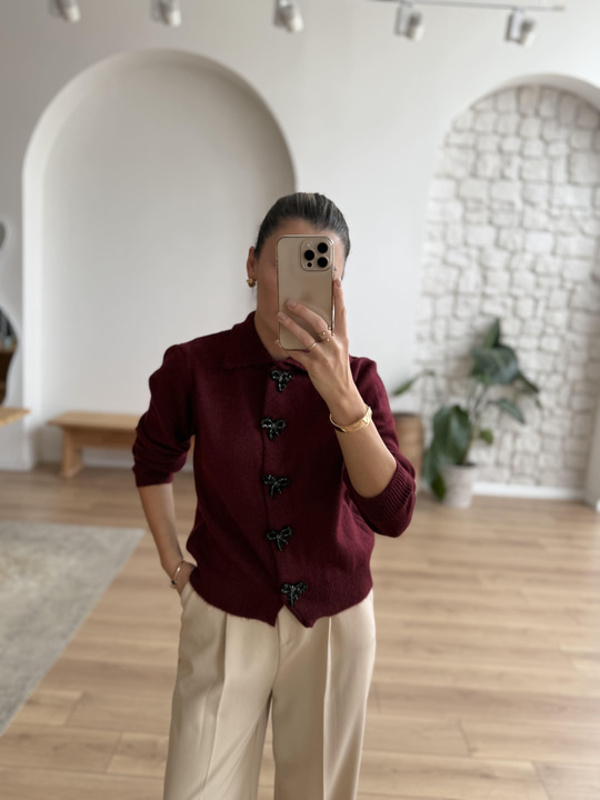 Fiyonk Düğmeli Uzun Kollu Bordo Hırka