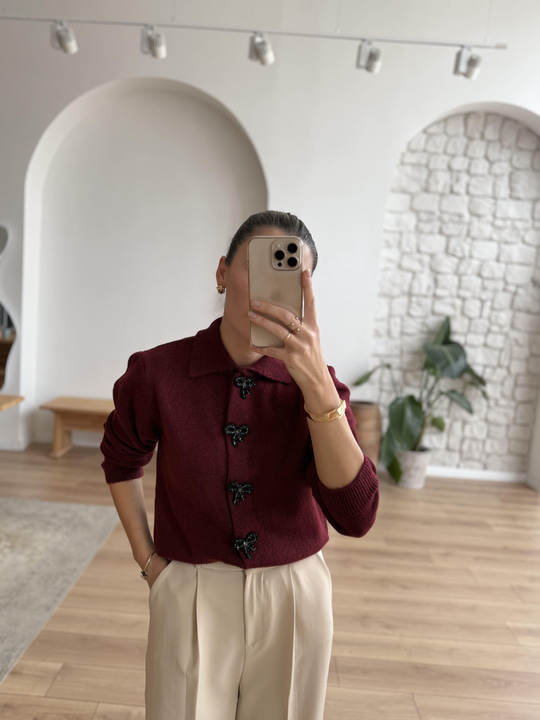 Fiyonk Düğmeli Uzun Kollu Bordo Hırka