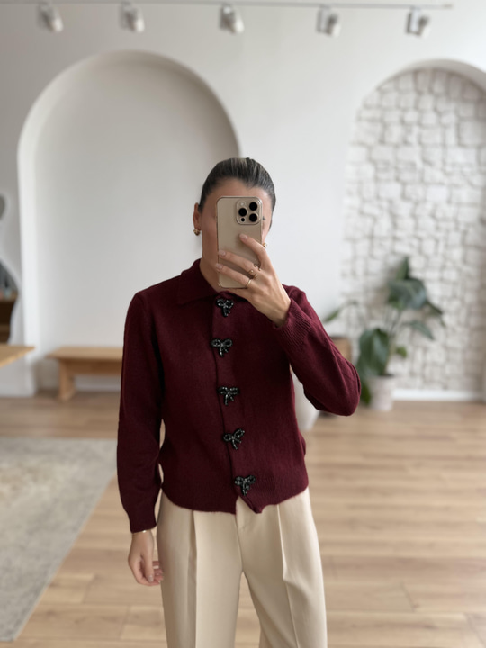 Fiyonk Düğmeli Uzun Kollu Bordo Hırka