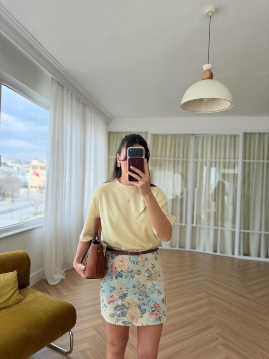 Floral Desen Ekru-Mavi Etek