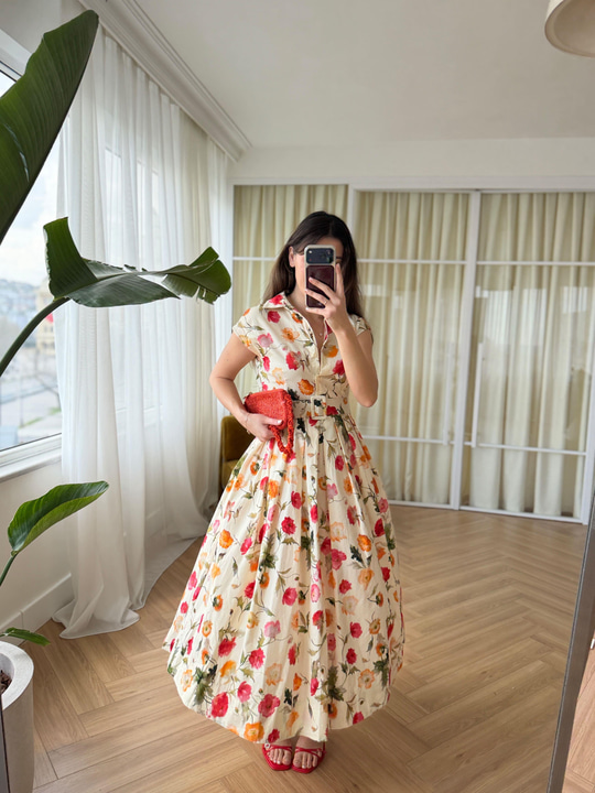 Floral Desen Poplin Elbise