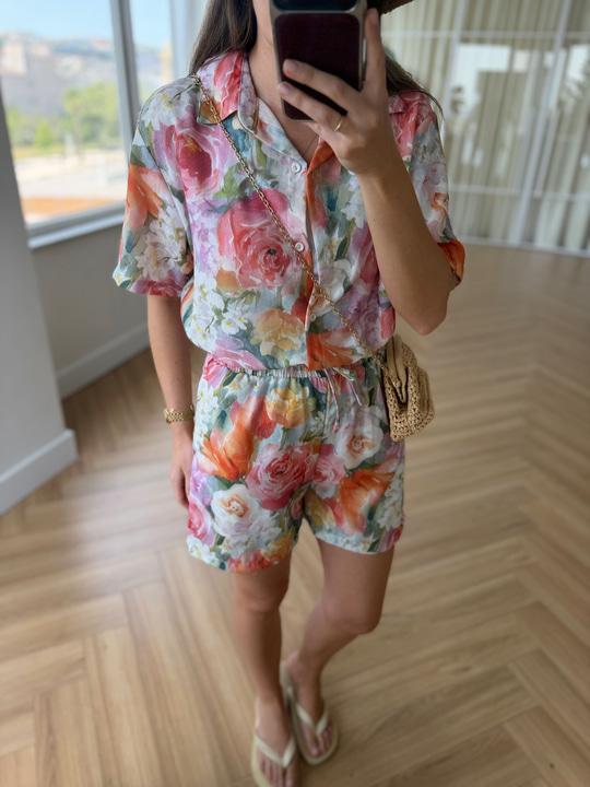 Floral Desen Şort Gömlek Takım