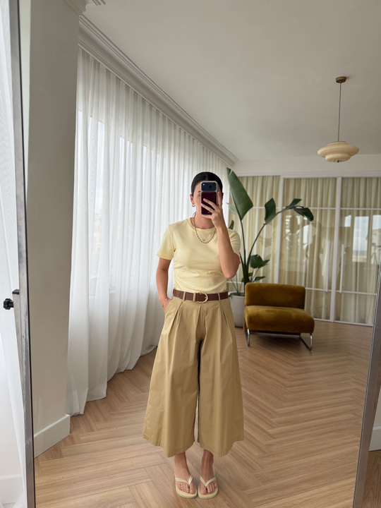 Geniş Paça Kemerli Camel Pantolon