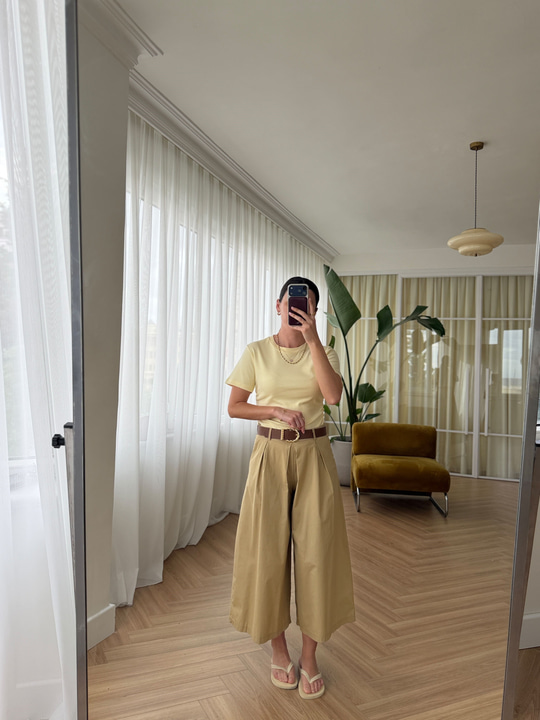 Geniş Paça Kemerli Camel Pantolon