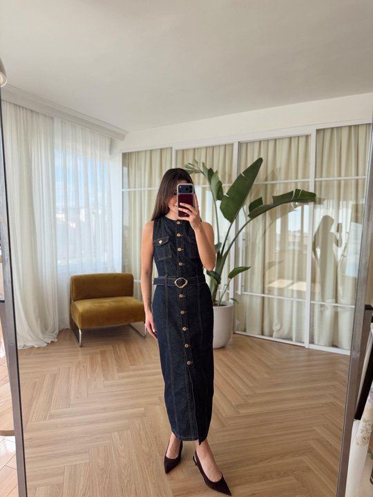 Gold Düğmeli Kot Elbise