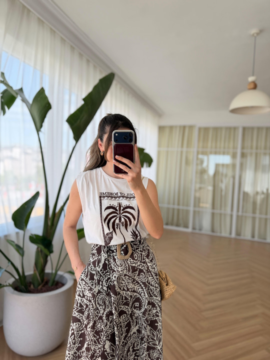 Hasır Kemer Tokalı Kahve Desenli Etek