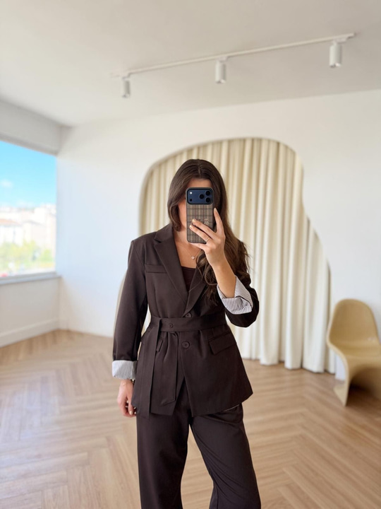 Kahverengi Gömlek Garnili Blazer Ceket-Pantolon Takım