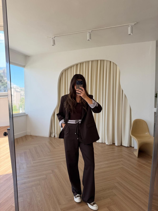 Kahverengi Gömlek Garnili Blazer Ceket-Pantolon Takım
