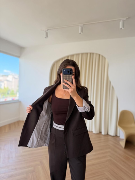 Kahverengi Gömlek Garnili Blazer Ceket-Pantolon Takım