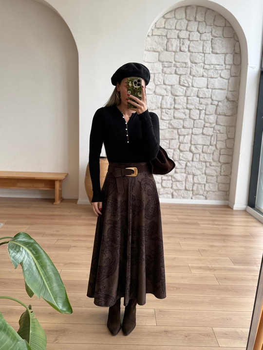 Kahverengi Şal Desen Süet Etek