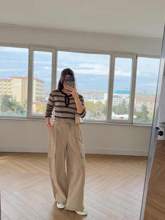 Kargo Cep Detay Beli Lastikli Bej Pantolon