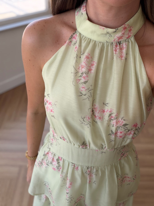 Kat Etekli Yeşil Floral Elbise